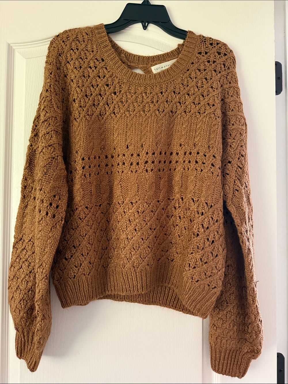 saltwater LUXE Open-Knit Chestnut Brown Crewneck Sweater